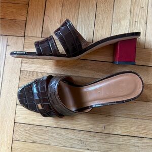 STAUD Brown Croc-Embossed Block Heel Sandals